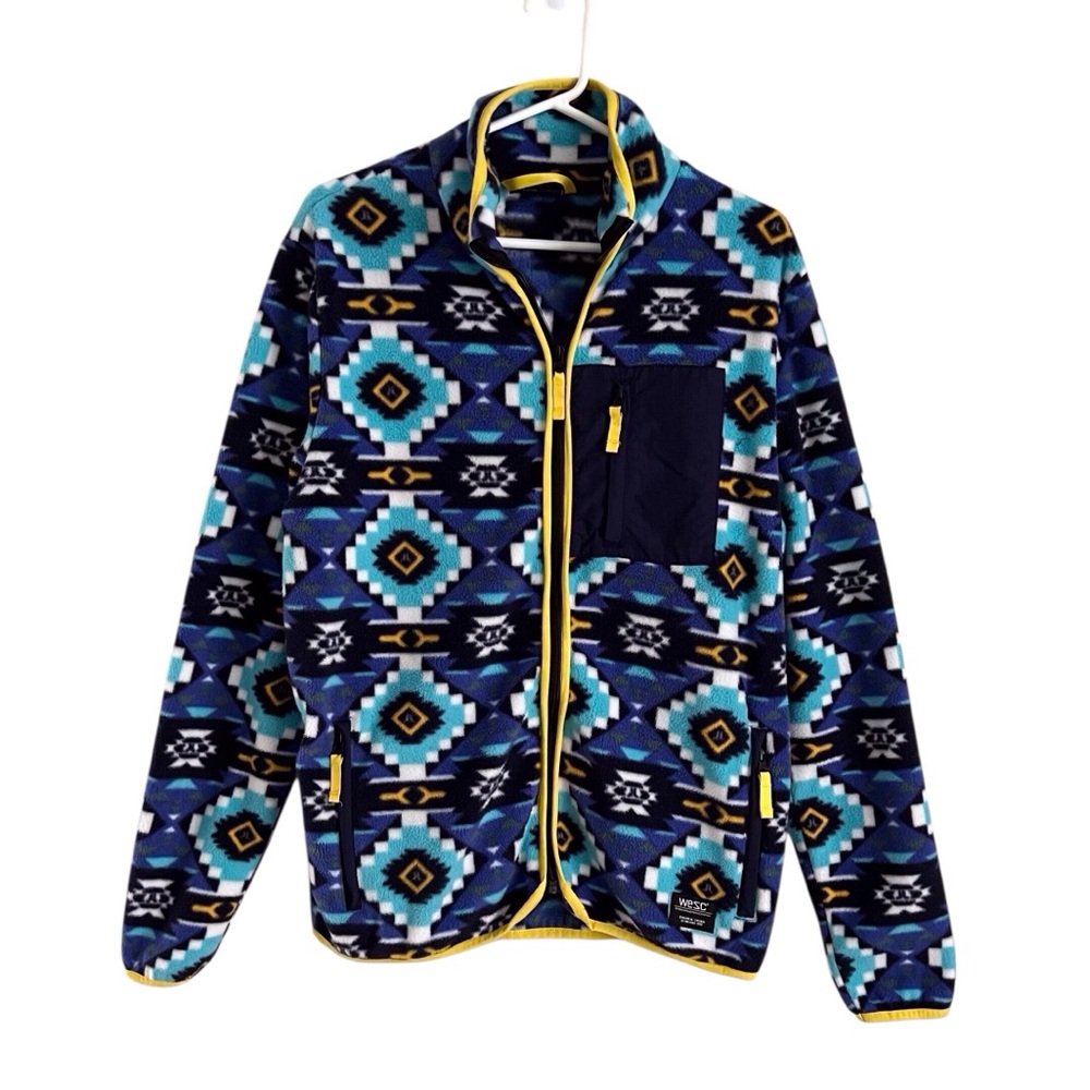 WESC Moritz Aztec AOP Polar Fleece Jacket Blue Gorpcore Outdoor Unisex Large XL